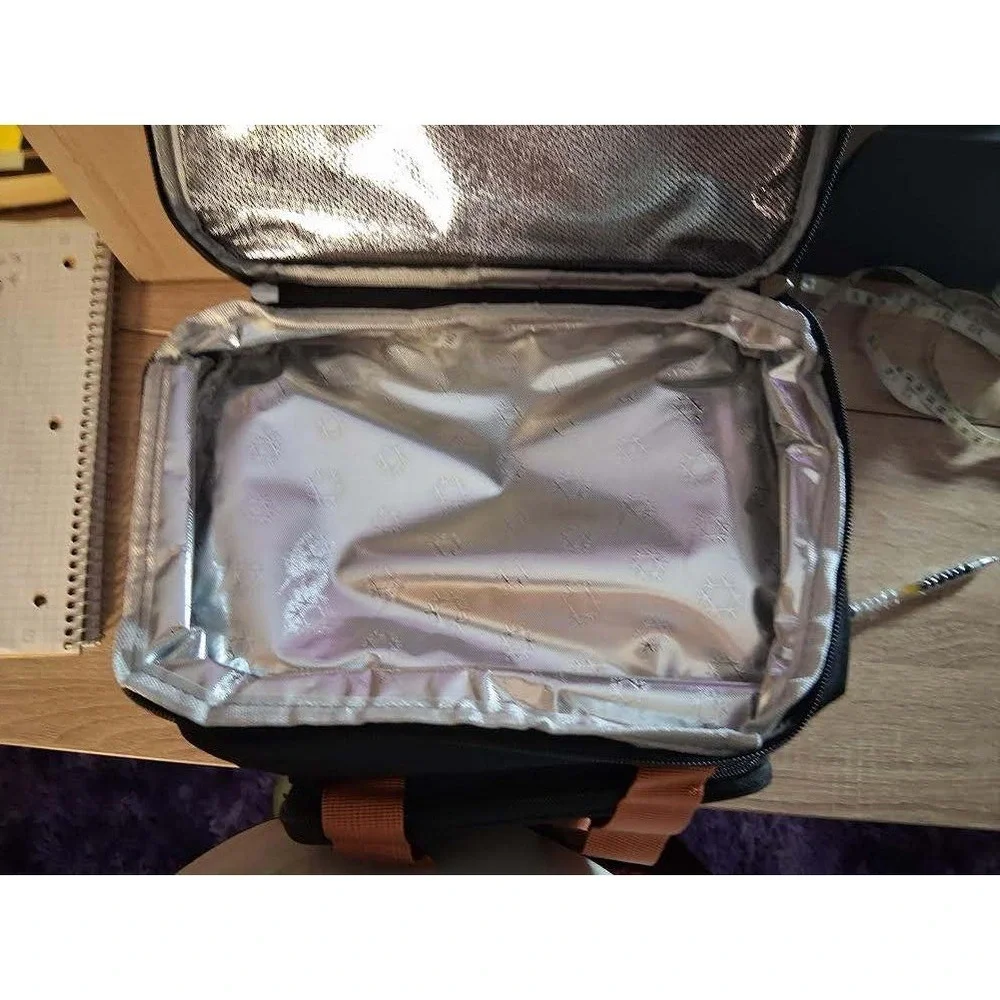 Black Insulated Lunch Bag‎ Dual Compartment Cooler Tote with Brown Handles